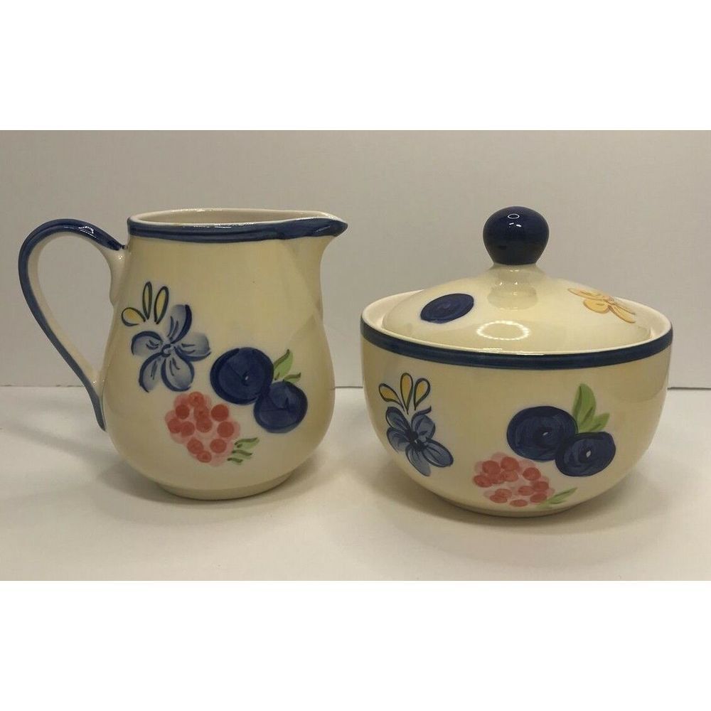 April Cornell Sugar‎ Bowl And Cream Set various Fruits Vintage. dark blue band